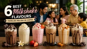 Assorted family-favourite milkshakes including chocolate, vanilla, strawberry, coffee, caramel, and mocha served in a cozy café setting.