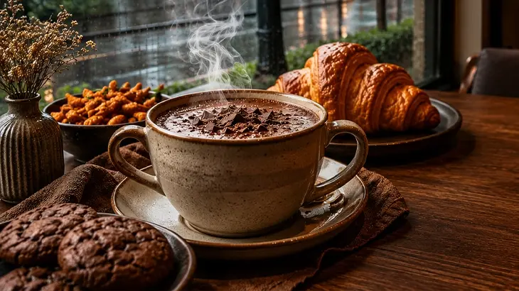 how-rich-hot-chocolate-can-work-wonders-this-monsoon Rich hot chocolate served with monsoon snacks including pastries and savory treats.