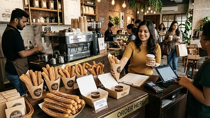 how-to-design-a-grab-and-go-dessert-menu-using-churros Cafe grab-and-go dessert menu featuring fresh churros with dipping sauces and takeaway packaging