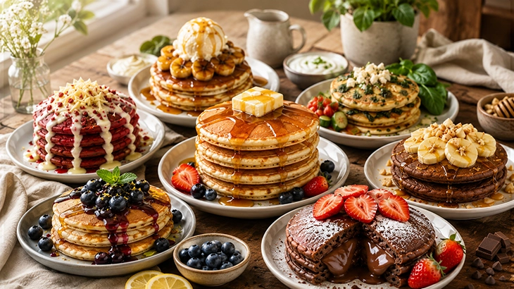 Top 7 Pancake Menu Ideas That Drive Repeat Customers: A guide for cafés featuring classic vanilla pancakes, banana foster pancakes, savoury spinach and feta pancakes, red velvet pancakes with cream cheese glaze, blueberry lemon ricotta pancakes, chocolate stuffed pancakes with strawberries, and multimillet chocolate pancakes with banana and honey, along with tips on using quality premixes for consistency and customer retention.