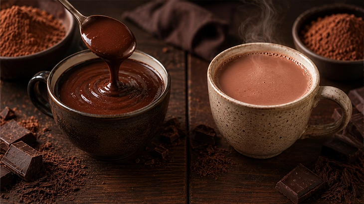 Thick drinking chocolate next to smooth hot chocolate showing differences in consistency