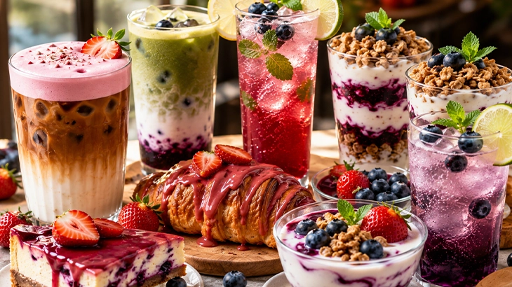 Berry concentrates used in creative café drinks including strawberry lattes, blueberry matchas, and mocktails