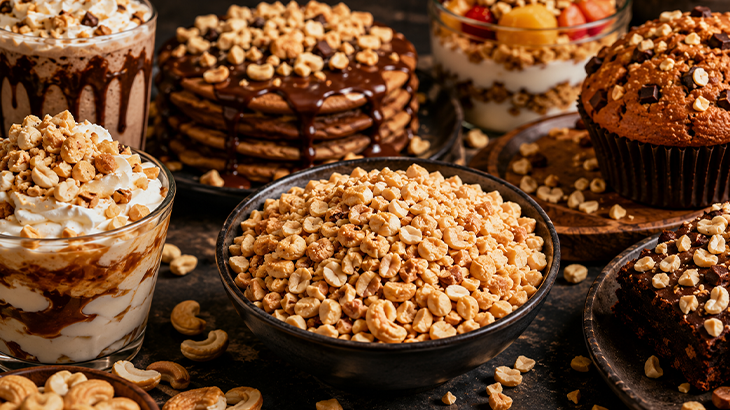 how-to-turn-simple-nuts-into-signature-cafe-creations Roasted cashews and peanuts used as toppings on waffles, milkshakes, brownies, and café desserts.