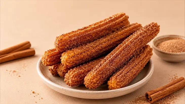 cinnamon-churros-a-warm-spiced-twist-for-all-seasons Cinnamon churros coated in cinnamon sugar, served with a warm chocolate dip as a café dessert
