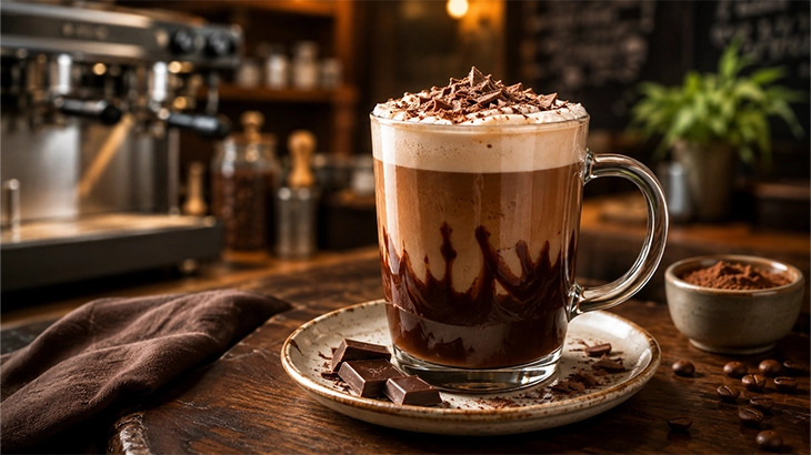 how-to-build-the-ultimate-cafe-mocha Café mocha made with coffee, chocolate, and steamed milk, topped with a light chocolate garnish.