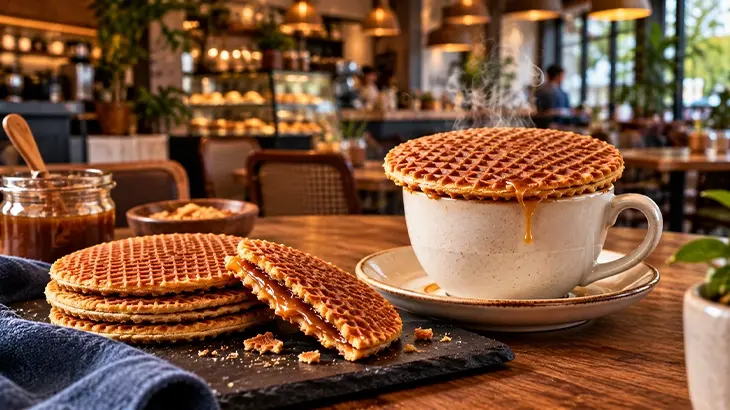 Stroopwafels served with coffee in an Indian cafe, showcasing the journey of the Dutch dessert from Amsterdam to India